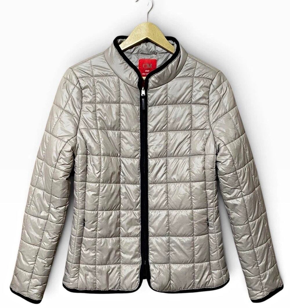 Ciao Milano CM 1969 Taupe Beaded Collarless Quilted Zip Jacket Sporty Chic M EUC